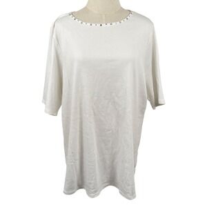 Quacker Factory 1X White Knit Tunic Top Rhinestone Scoop Neck Glam Extra Stones